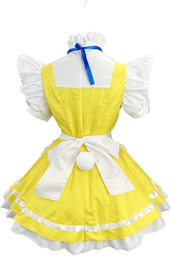 Vista 5 de Delantal de sirvienta amarillo de anime, vestido de Lolita, disfraz de cosplay, sombreros, calcetines con dobladillo de falda para mujeres y niñas