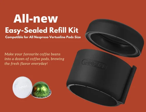Vista 2 de Kit de recarga de cápsulas de café de fácil sellado para Nespresso Vertuoline con un cepillo, cuchara, soporte de cápsula reutilizable y 80 sellos