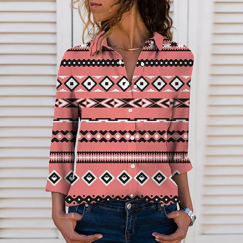 Vista 2 de Blusas elegantes para mujer, estilo casual, manga larga, con estampado geométrico, con solapa, botones, ajuste holgado para otoño