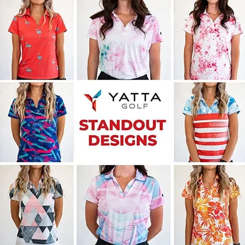 Vista 3 de YATTA GOLF Polo de golf para mujer, resistente a las arrugas, absorbe la humedad y cuello en V para mujer