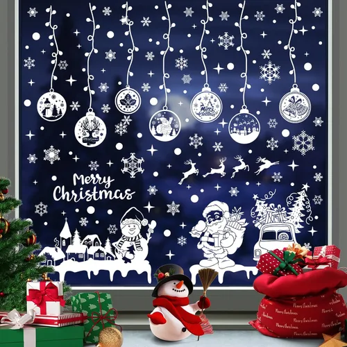 Vista 8 de Calcomanías navideñas para ventana, 267 unidades, reutilizables, de doble cara, impresas, autoadhesivas, decoración de ventana, Papá Noel, alce
