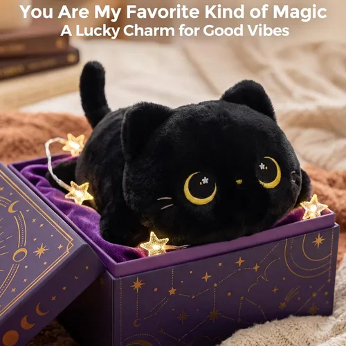 Vista 8 de Mewaii Linda Almohada de Felpa de Gato Negro, Peluches Kawaii de Animales de Peluche de Gato Negro, Peluches Suaves, Almohada de Felpa para Abrazar