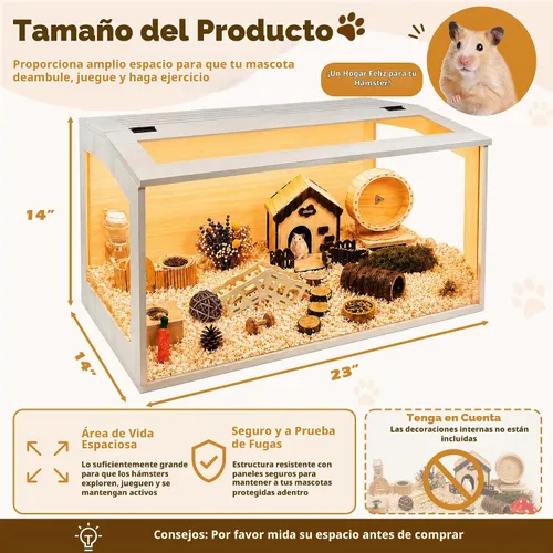 Vista 3 de PROLEE Jaula para hámster con parte superior de madera a prueba de masticación, jaulas de conejillo de indias, hábitat para hámster con hojas Roble