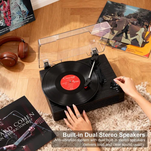 Vista 4 de Tocadiscos de vinilo con Bluetooth y altavoces estéreo integrados, tocadiscos vintage de 3 velocidades con parada automática, salida RCA y entrada