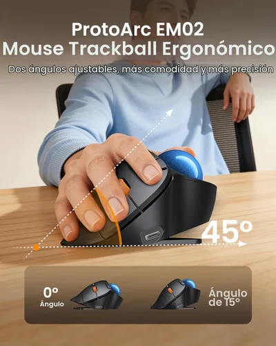 Vista 2 de ProtoArc Ratón inalámbrico Bluetooth Trackball, EM02 de dos ángulos ajustables, ergonómico recargable, conexión de 3 dispositivos, control de pulgar