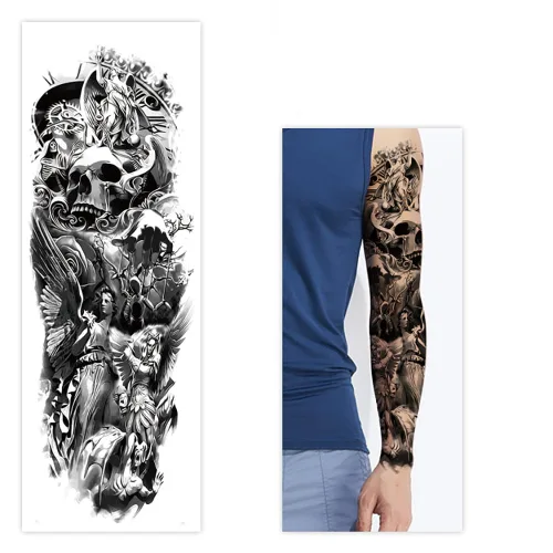 Vista 5 de Tatuajes temporales de Halloween, tatuajes temporales de 4 hojas de calavera de manga completa y 4 hojas de calcomanías de tatuaje de medio brazo