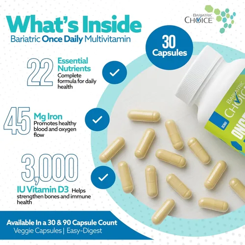Vista 3 de Bariatric Choice Multivitamínico bariátrico una vez al día con 45 mg de hierro, cápsula fácil de tragar, vitamina para pacientes de cirugía