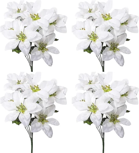 Vista 8 de Firlar Ramo de flor de pascua artificial de 4 piezas, 7 tallos cada uno, arbustos rojos para árbol de Navidad, decoración de jardín del hogar
