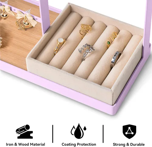Vista 4 de Soporte organizador de joyas con soporte de terciopelo para anillos, organizador de joyas de 4 niveles con 15 ganchos, organizador de collares