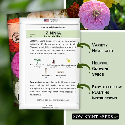 Vista 2 de Sow Right Seeds - Mezcla de semillas de zinnia de los Gigantes de California para plantar - Paquete de reliquia sin OMG para cultivar tu jardín