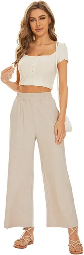 Vista 5 de Pantalones básicos de lino para mujer, cintura elástica, pierna ancha, pantalones casuales con bolsillos