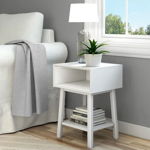 Vista 17 de Plank+Beam Mesa auxiliar de madera con almacenamiento, mesas auxiliares modernas de mediados de siglo para sala de estar, mesita de noche pequeña