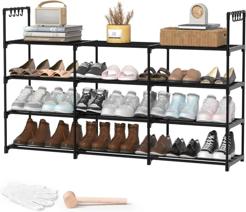Vista 11 de Estante para zapatos de 2 filas y 4 niveles, estante de zapatos apilable de metal negro con ganchos multifuncionales, capacidad para 16-20 pares
