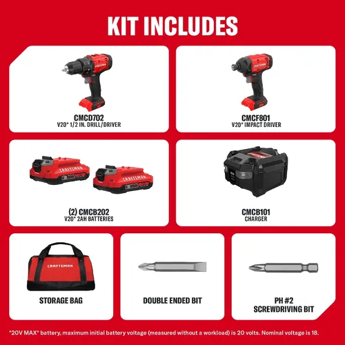 Vista 2 de CRAFTSMAN V20 Cordless Drill Driver and Impact Driver, 2 x 2Ah Lithium Ion Battery and Charger, Two Power Tools, 1700 RPM 1/2 In. Electric Drill