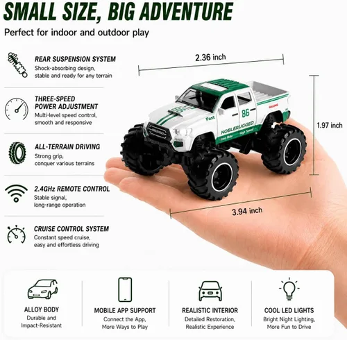 Vista 30 de 1:64 Mini RC Crawler Car, camión de control remoto de aleación con control de aplicación, controlador de 2.4 GHz, 3 modos de velocidad, luces LED