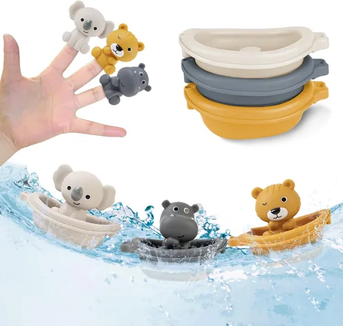 Vista 8 de Juguete de baño para bebé, apilable, juguetes de bañera para bebés, flotante, tren de barco con marionetas de dedo de animales, juguete de baño