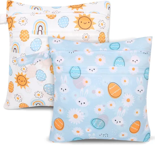 Vista 10 de 2 bolsas de tela para pañales húmedos y secos, bolsa impermeable reutilizable con 2 bolsillos con cremallera y asa, bolsas de lavandería lavables