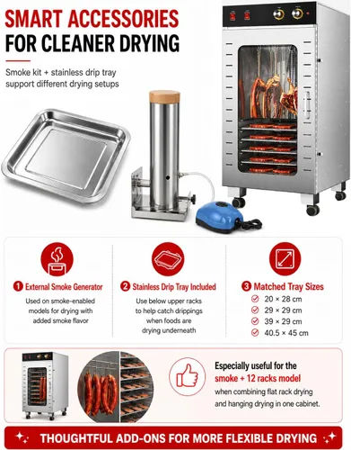 Vista 8 de Stainless Steel Food Dehydrator for Meat, 1600W Commercial Jerky Dehydrator with 22/66 lb Capacity, Rotating Hanging Hooks, Adjustable Temperature