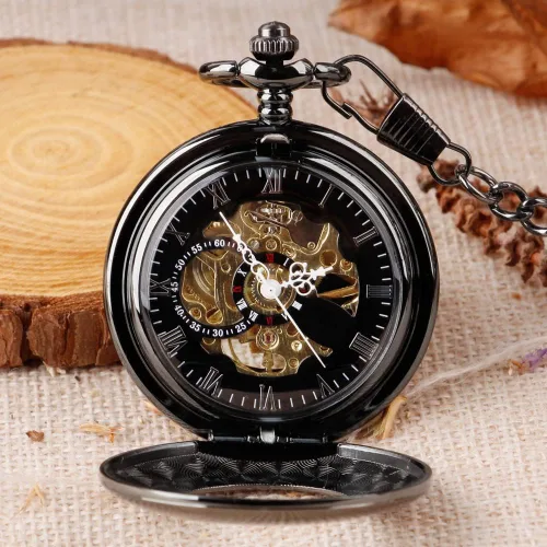 Vista 3 de Alwesam Reloj de bolsillo mecánico mano viento números romanos hombres steampunk con caja de cadena