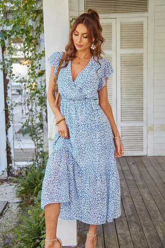 Vista 4 de PRETTYGARDEN - Vestido floral para mujer estilo bohemio, cruzado, con cuello en V, manga corta, con cinturón, dobladillo con volantes, acampanado