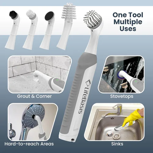 Vista 7 de LifeBasis - Cepillo de limpieza recargable inalámbrico, color blanco Water-resistant Compact Scrubber with 5 Replaceable Brush Heads for Grout