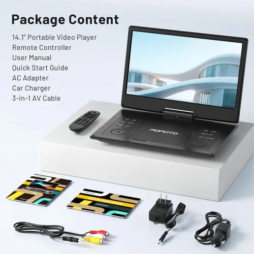 Vista 9 de POFOTO - Reproductor de DVD portátil de 15.7 pulgadas con pantalla giratoria HD de 14.1 pulgadas para niños y ancianos, batería recargable de 6