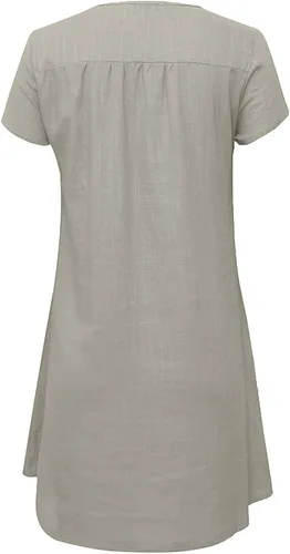 Vista 4 de Ruziyoog Cotton Linen Dresses for Women 2023 Summer Casual Loose Short Sleeve Cute Dress Trendy V Neck Plain Beach Sun Dress