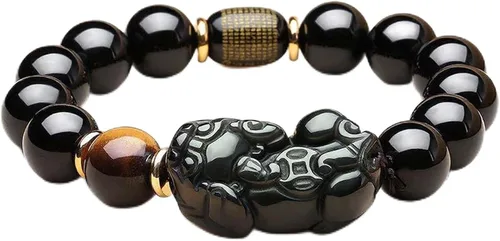 Vista 14 de Pulsera de obsidiana negra, pulsera de obsidiana negra Feng Shui para mujeres y hombres, pulsera elástica de obsidiana con piedra de ojo de tigre