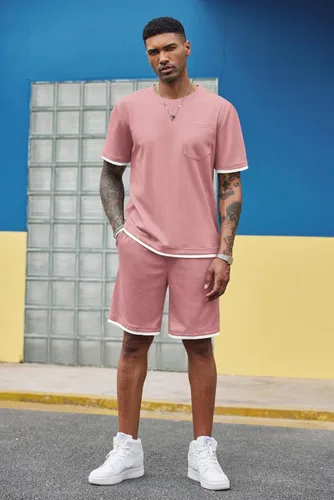 Vista 18 de COOFANDY Conjunto de camisa y pantalones cortos de gofre para hombre, conjunto de 2 piezas, conjunto casual de verano con bolsillos