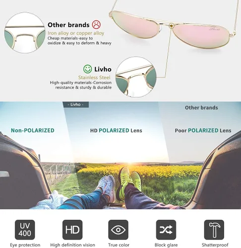 Vista 4 de livho Classic Polarized Aviator Sunglasses UV Mirrored Lens Metal Retro Shades