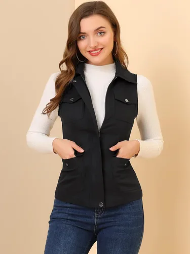 Vista 4 de Allegra K Chaqueta con cremallera y bolsillos para mujer, chaleco sin mangas tipo cargo