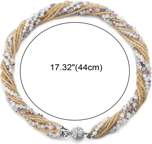 Vista 4 de COOLSTEELANDBEYOND Collar de cuentas de arco iris de oro champán, collar de cadena trenzada de cristal multicapa, cierre magnético, Estrás Metal, No