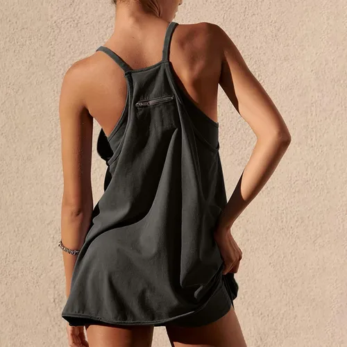 Vista 4 de Vestido de tenis para mujer, minivestido de entrenamiento con pantalones cortos integrados y vestidos deportivos de golf sin mangas con bolsillos