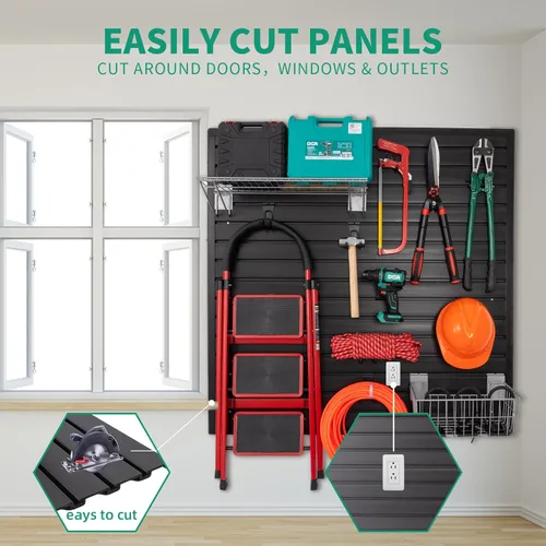 Vista 7 de Panel Slatwall para Garaje - Sistemas de Almacenamiento de Pared Ranurada con 26 Accesorios Slatwall, Paneles de Pared Ranurada de PVC Negro