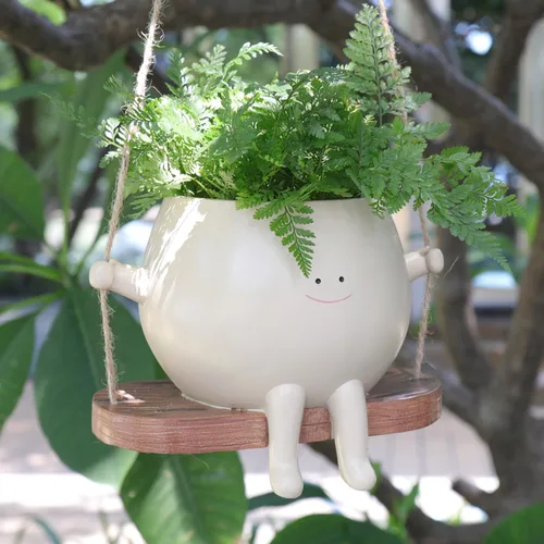 Vista 7 de Macetero Colgante con Silla Cintillo y Cara Sonriente para Plantas de Interior y Exterior, Macetas de Resina Lindas con Cabeza para Cadena