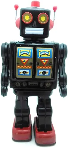 Vista 3 de Charmgle Juguetes de lata retro robot para caminar, robot de escritorio eléctrico giratorio con sonido de pistola de fuego, colección para adultos