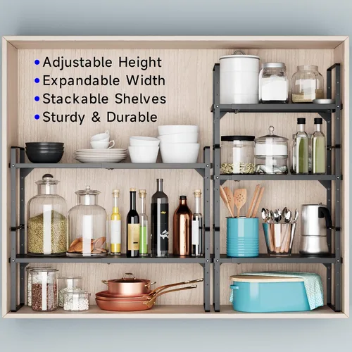 Vista 6 de Organizador de estante expandible para gabinete, almacenamiento apilable para mostrador de despensa de cocina, soporte ajustable para armario