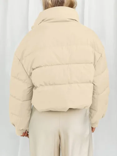 Vista 4 de MEROKEETY Women's Winter Cropped Puffer Jacket Long Sleeve Oversized Stand Collar Zip-Up Short Down Coat