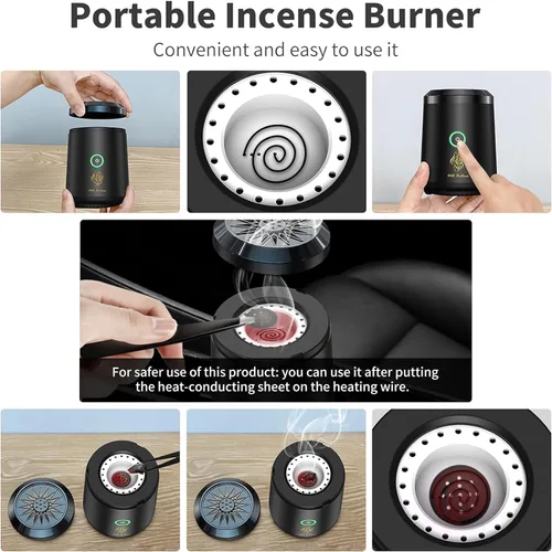 Vista 6 de Quemador de incienso electrónico inteligente portátil recargable por USB, quemador de incienso eléctrico, soporte de incienso musulmán árabe