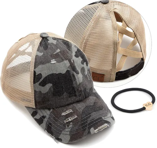 Vista 42 de C.C Gorra de béisbol de malla con diseño de estrella brillante, gorra de camionero ajustable para moño o cola de caballo Una banda elástica-negro