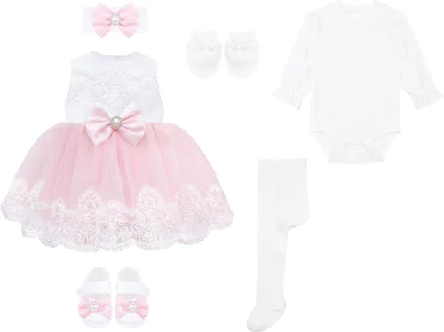 Vista 5 de Taffy - Conjunto de 6 piezas de vestido de princesa bordado rosa para bebé niña recién nacida