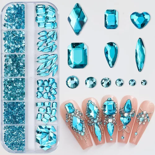 Vista 2 de Diamantes de imitación azules para uñas, gemas de diamantes de imitación de cristal 3D, diamantes de imitación de parte trasera plana, varios