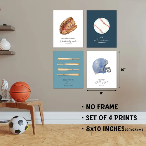 Vista 2 de Juego de 4 impresiones artísticas de pared cristianas de béisbol, pósteres inspiradores vintage para niños, imágenes de preparación para deportes