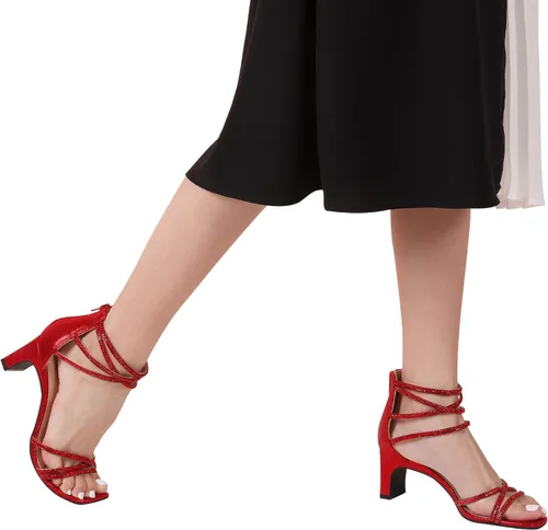 Vista 5 de DREAM PAIRS Tacones negros para mujer, tacón bajo con diamantes de imitación gruesos, puntera abierta, sandalias de vestir para novia, boda, fiesta