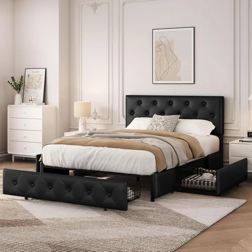 Vista 12 de Yaheetech Base de cama Queen tapizada con cabecera ajustable con botones de diamante, 3 cajones de almacenamiento, cama de plataforma queen/listones
