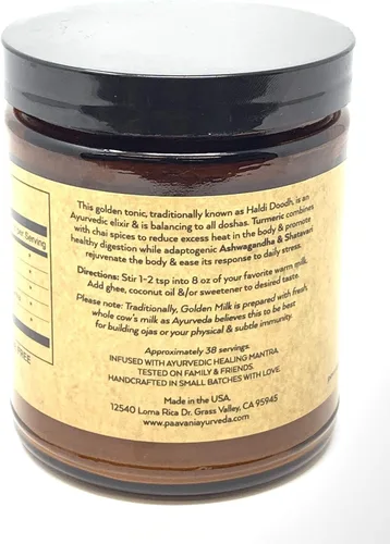 Vista 3 de PAAVANI Ayurveda Golden Milk - Hecho en Estados Unidos - Mezcla de cúrcuma ayurvédica y ashwagandha - Suplemento en polvo - Haldi Doodh - 100%