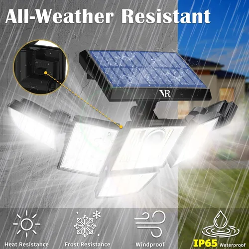 Vista 7 de Luces de Inundación Solares con Sensor de Movimiento para Exteriores – 496 LED 3500 lm, 3 modos de iluminación, 3 niveles de brillo, 6 cabezales