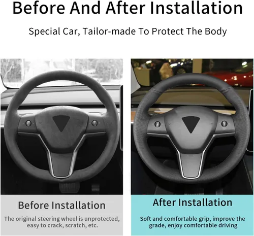 Vista 5 de Funda para volante cosida a mano, apta para Tesla Model 3 2017-2023/Modelo Y 2020-2023, funda antideslizante de cuero de microfibra transpirable