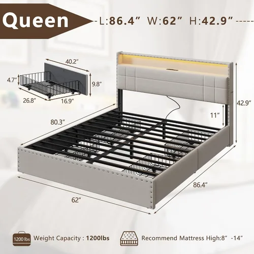 Vista 2 de Forestell Base de cama Queen con 4 cajones y cabecera de almacenamiento, base de cama tapizada tamaño Queen con luces LED y estación de carga Beige