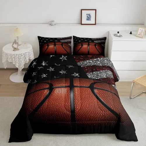 Vista 2 de Erosebridal Juego de edredón de baloncesto tamaño Twin para niños y adolescentes, juego de cama de tema deportivo de microfibra ultra suave